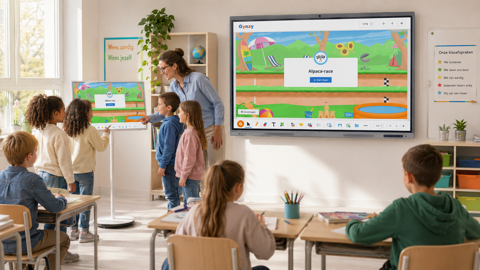 Leerkracht en leerlingen werken samen rond een interactief scherm in de klas